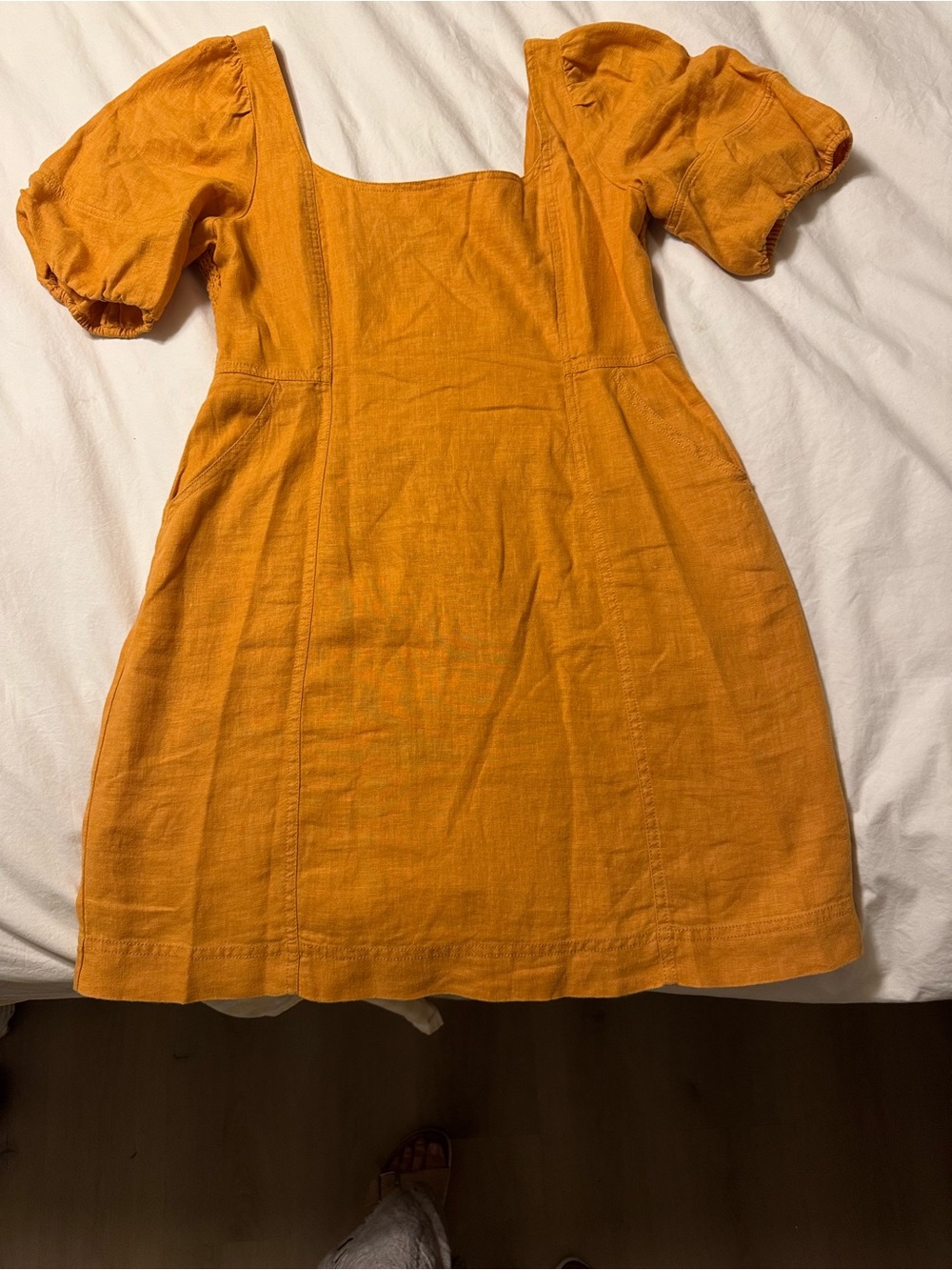Madewell Golden Mustard Square-Neck Puff Sleeve Mini Dress